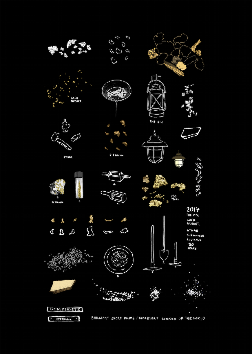 Illustration and Poster Design for the Heart of Gold International Film Festival 2017. Gympie Gold motif page illustrations