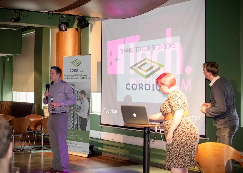 Justian (speaking) at Tech Nottingham