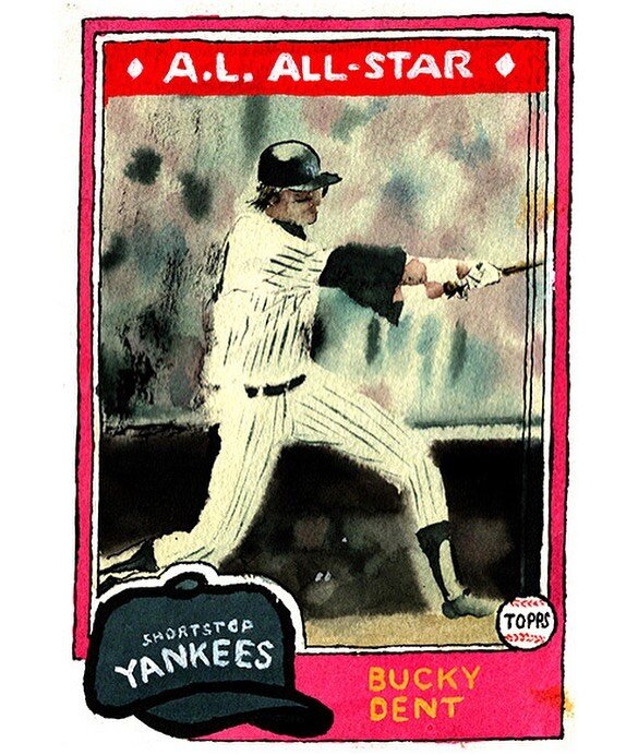 #spotlight70 is a 70-card set of my #ink and #watercolor paintings of #baseballcards culled from the @topps archive, which will soon be sold in #packs of 10 for a month at topps.com! More info and surprises about the set to come ⚾️ pictured: #buckyde