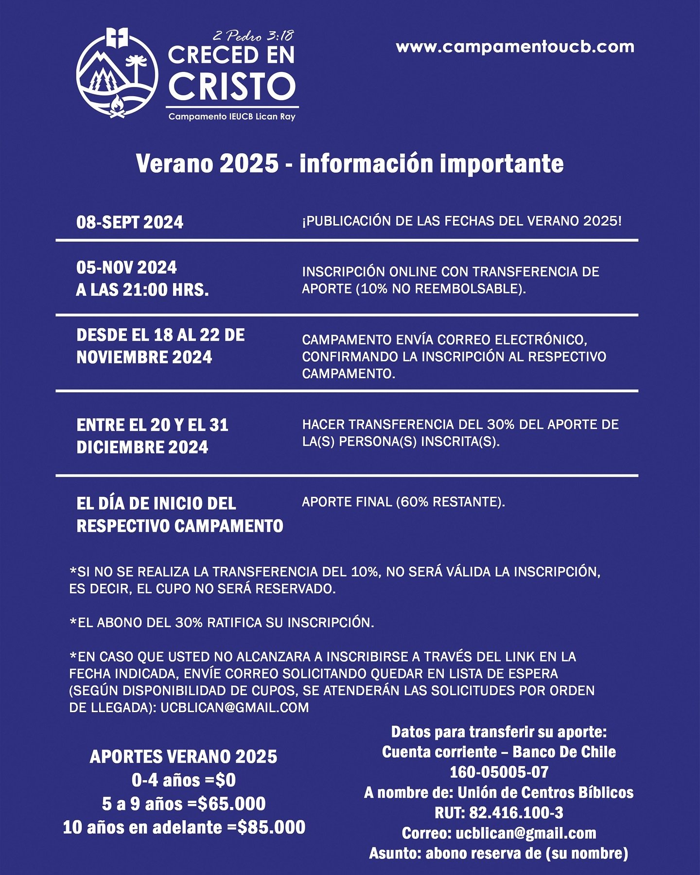 Hoy a las 21.00 hrs. se abren los links de inscripci&oacute;n a los campamentos verano 2025, recordamos que el cupo para la semana inscrita se har&aacute; efectiva con el abono del 10% del total, no reembolsable; les pedimos que env&iacute;en por cor