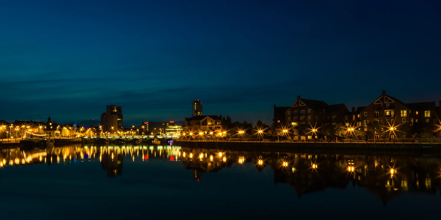 Belfast waterfront at night.