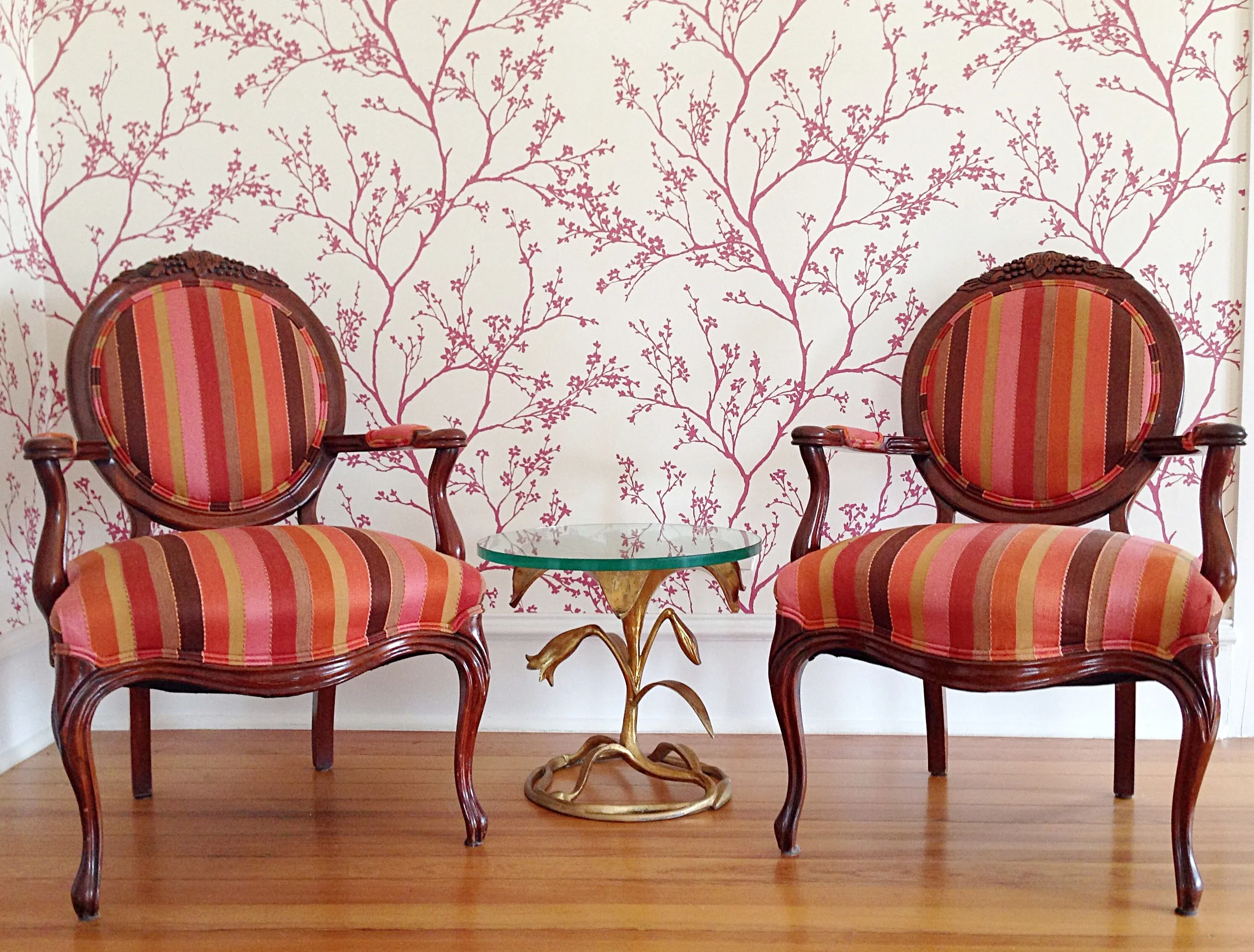 Bold Pink Wallpaper + Vintage Striped Chairs