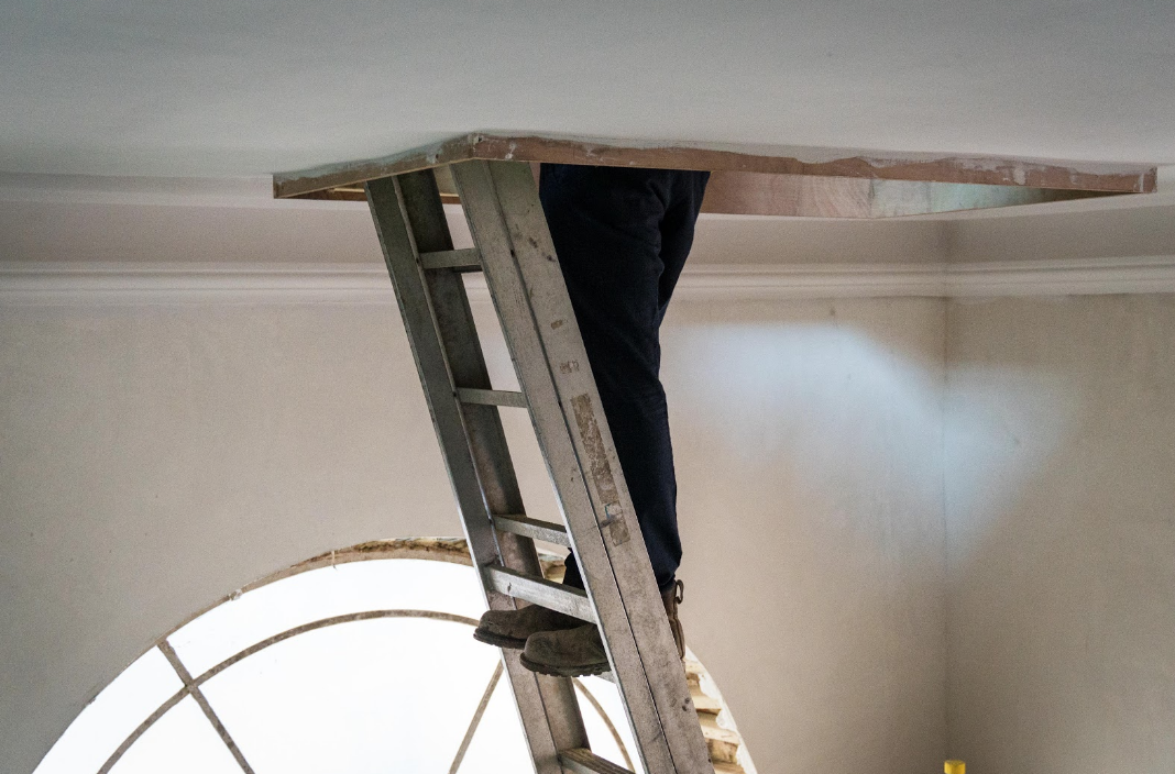 A quick inspection of the loft via the new hatch in the Meeting House’s ceiling