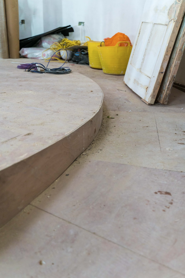The curved ramp leading to the top of the new stage.