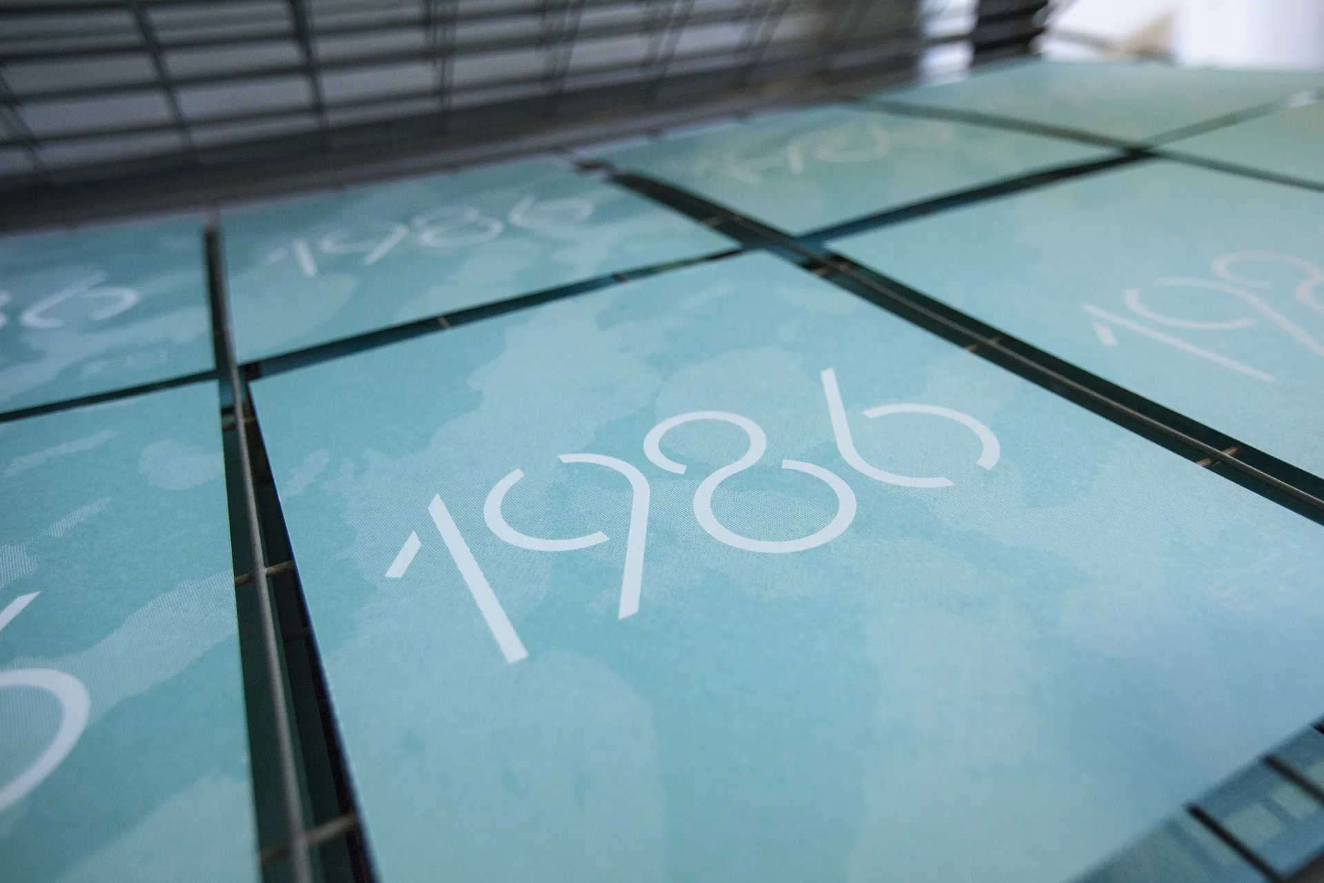 1986 type and Daniel's handprint texture on the drying rack.