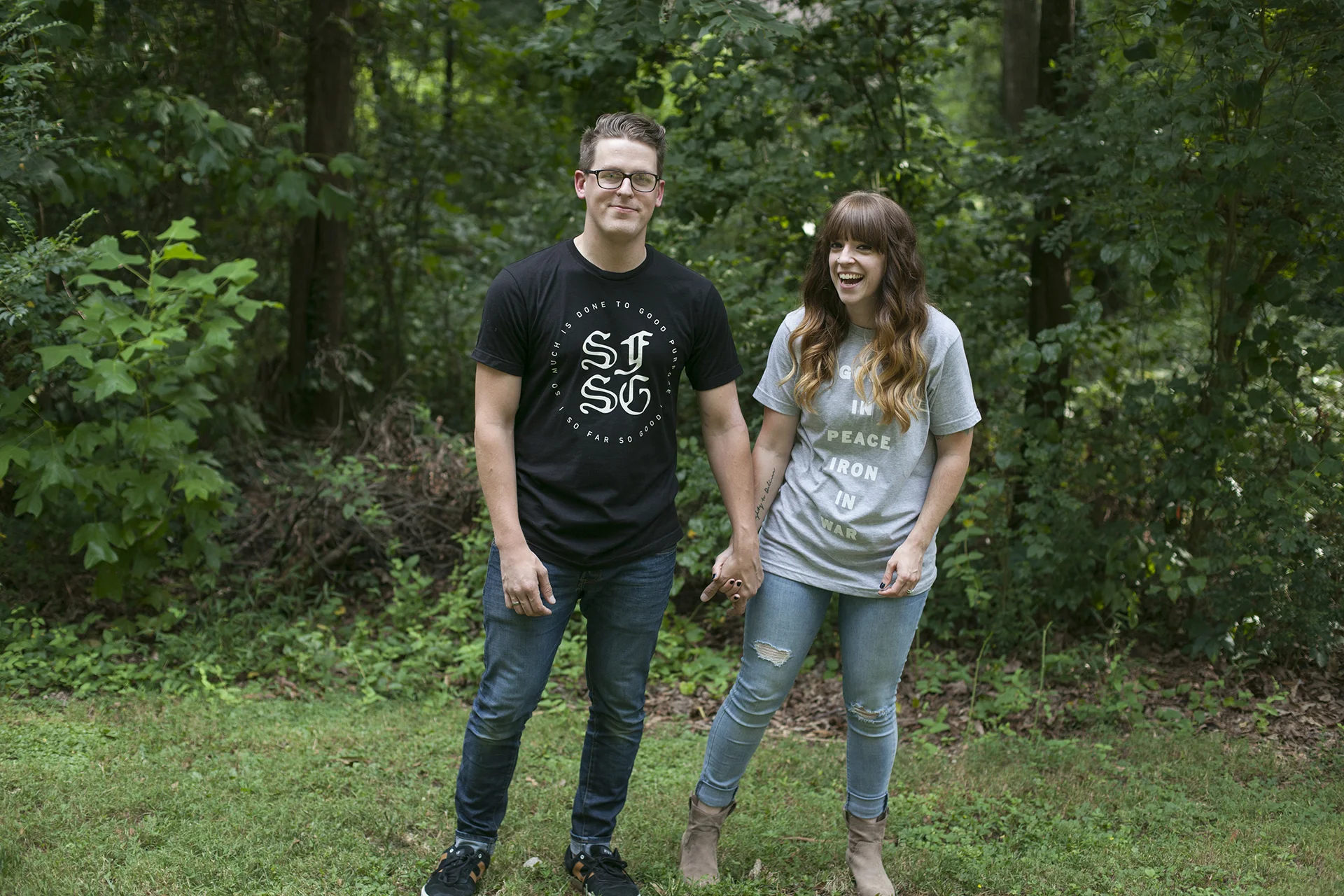 The So Far So Good and Gold In Peace Iron in War t-shirts.