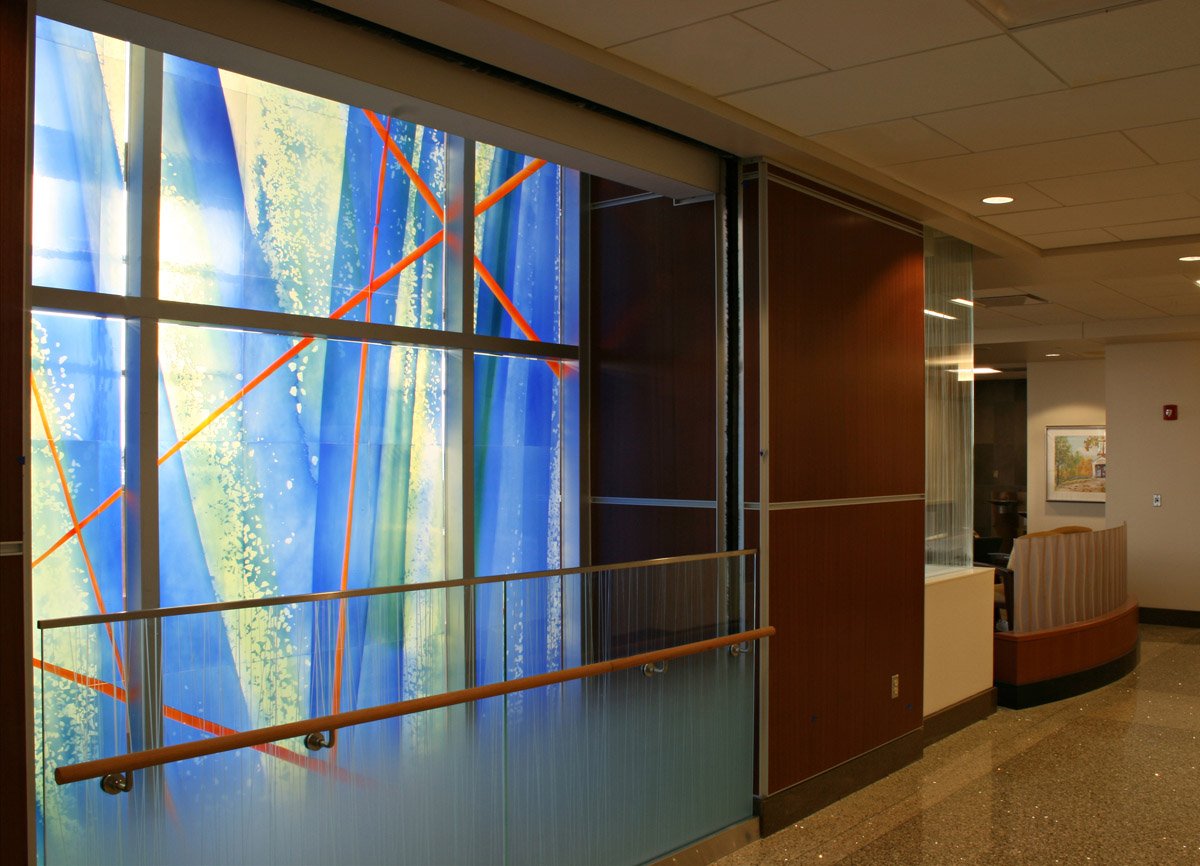 hospital elevator lobby glass art Parkview Hospital Ft. Wayne, IN