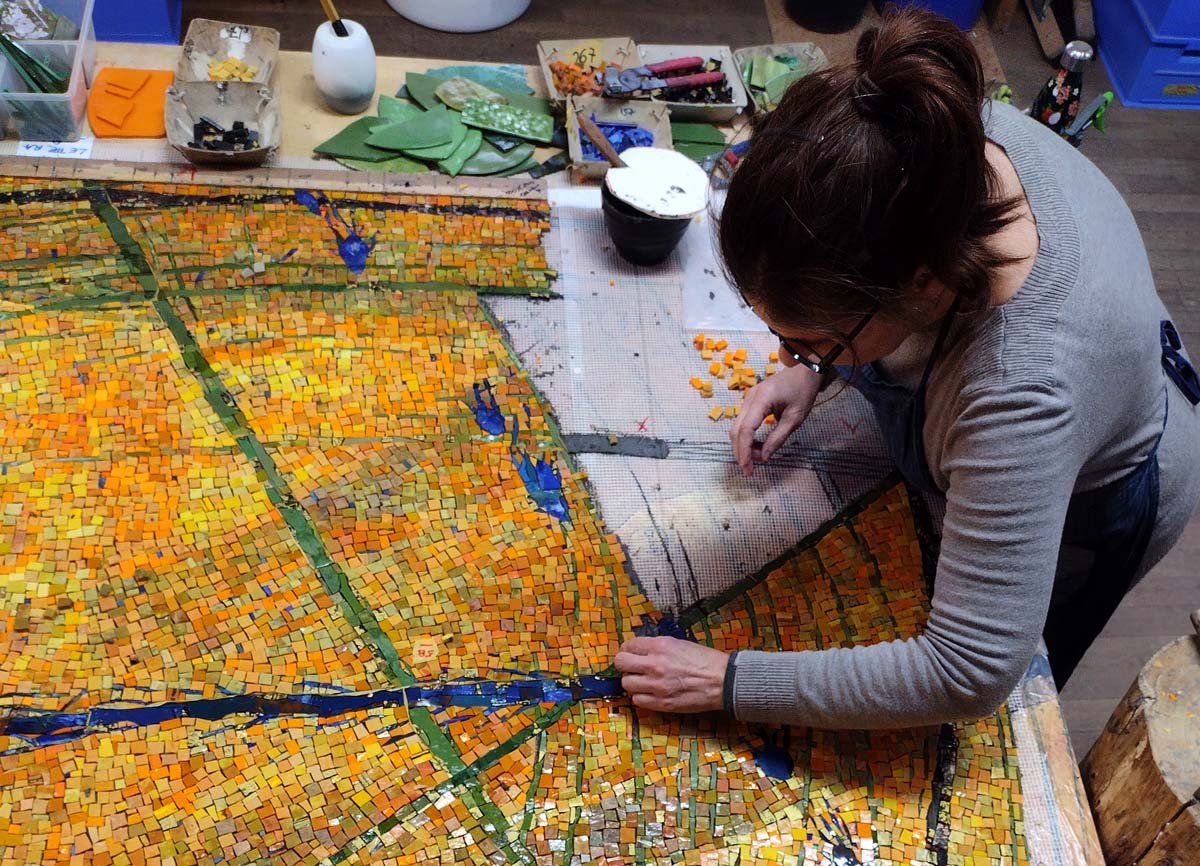 Ivana Piccin at Mayer of Munich making mosaic for Puducah Airport