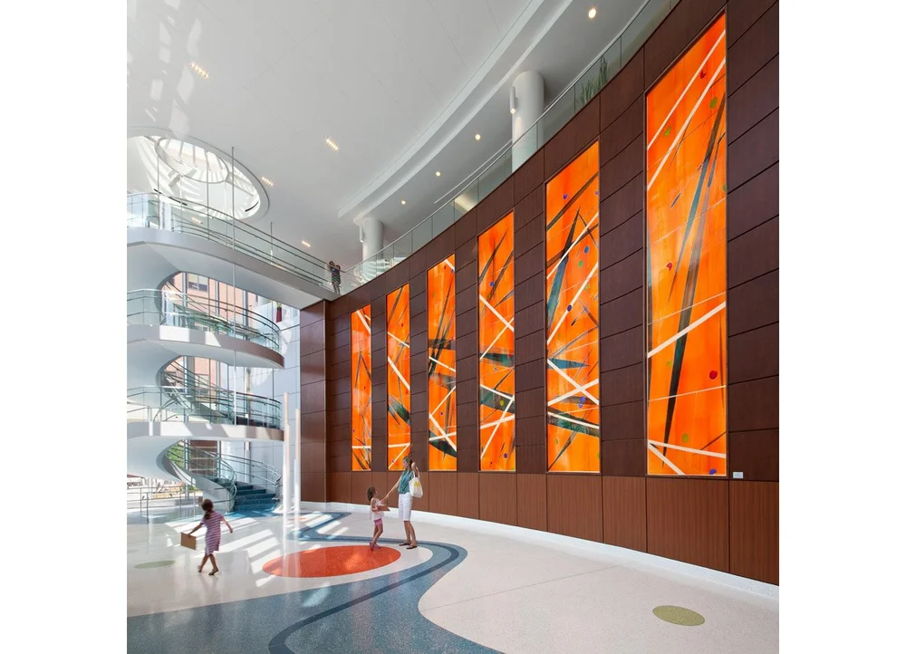 Large-scale painterly art glass Birmingham Children's Hospital lobby ...