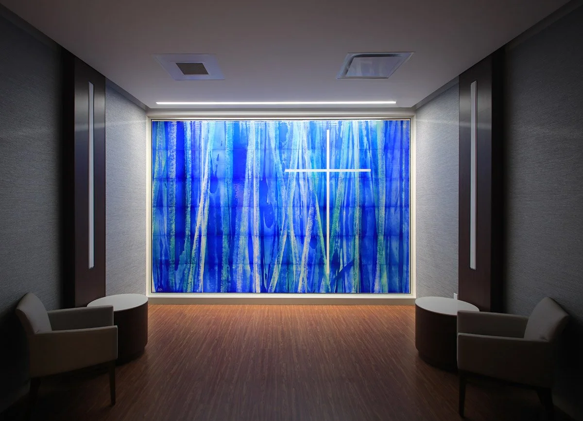 Cascading blue waterfall stained glass