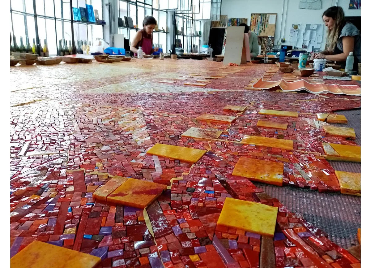 Mosaic fabrication at Mayer of Munich. The best studio in the world for translating my paintings into mosaic. Scroll down for mosaic process.