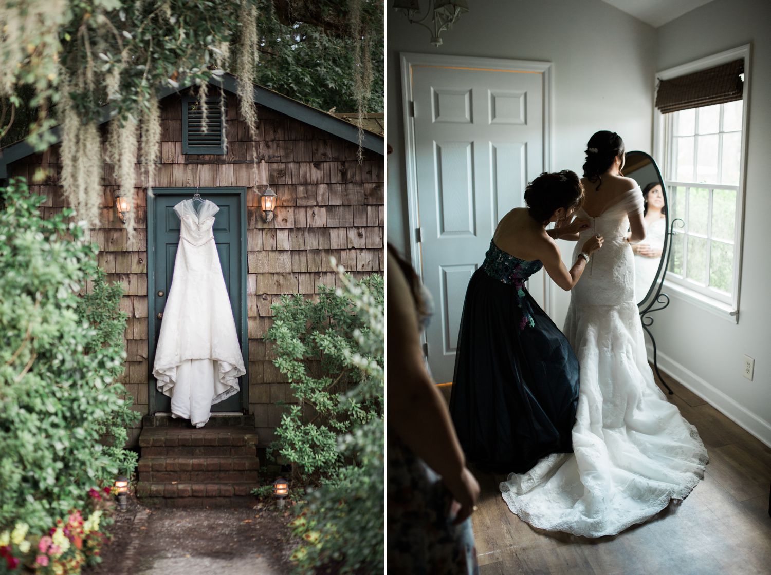 The girls got ready in this cute little cottage, right on the property. The entry way to the bridal suite is right where we hung Deanna's dress. I love how the moss frames her gown. 