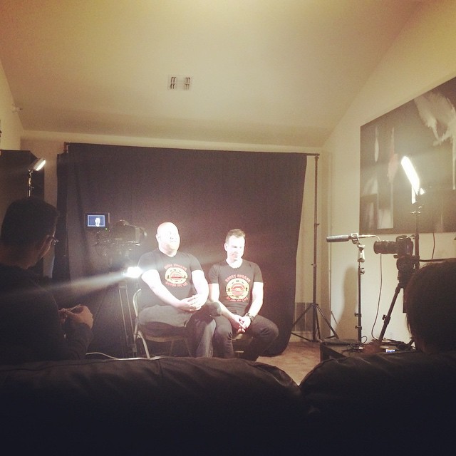 Finally time for us to tell our #rhsml story. (amidst post production fun times!) Shawn and @larryv4711 in their infamous position with @brianofstewart and @pauliedelarge interviewing. #rockyhorrordoc #documentary #filmmakers #rhps #rockyhorror #rhps40