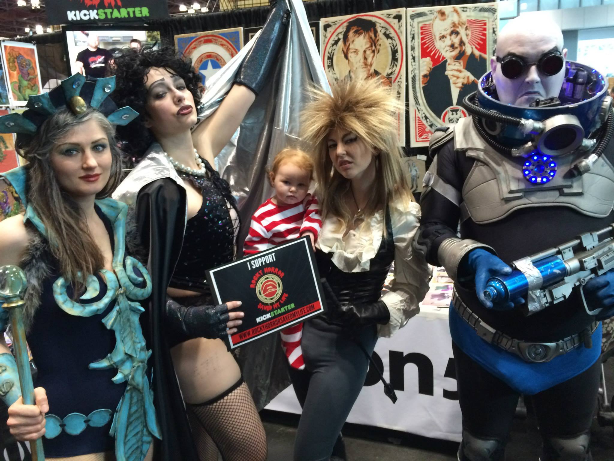 Booth pose with Evl Lyn (Katrina), a sweet transvestite (Laura), Toby (Zoe), The Goblin King (Kate) and Mr. Freeze (Larry) to show RSML Kickstarter support