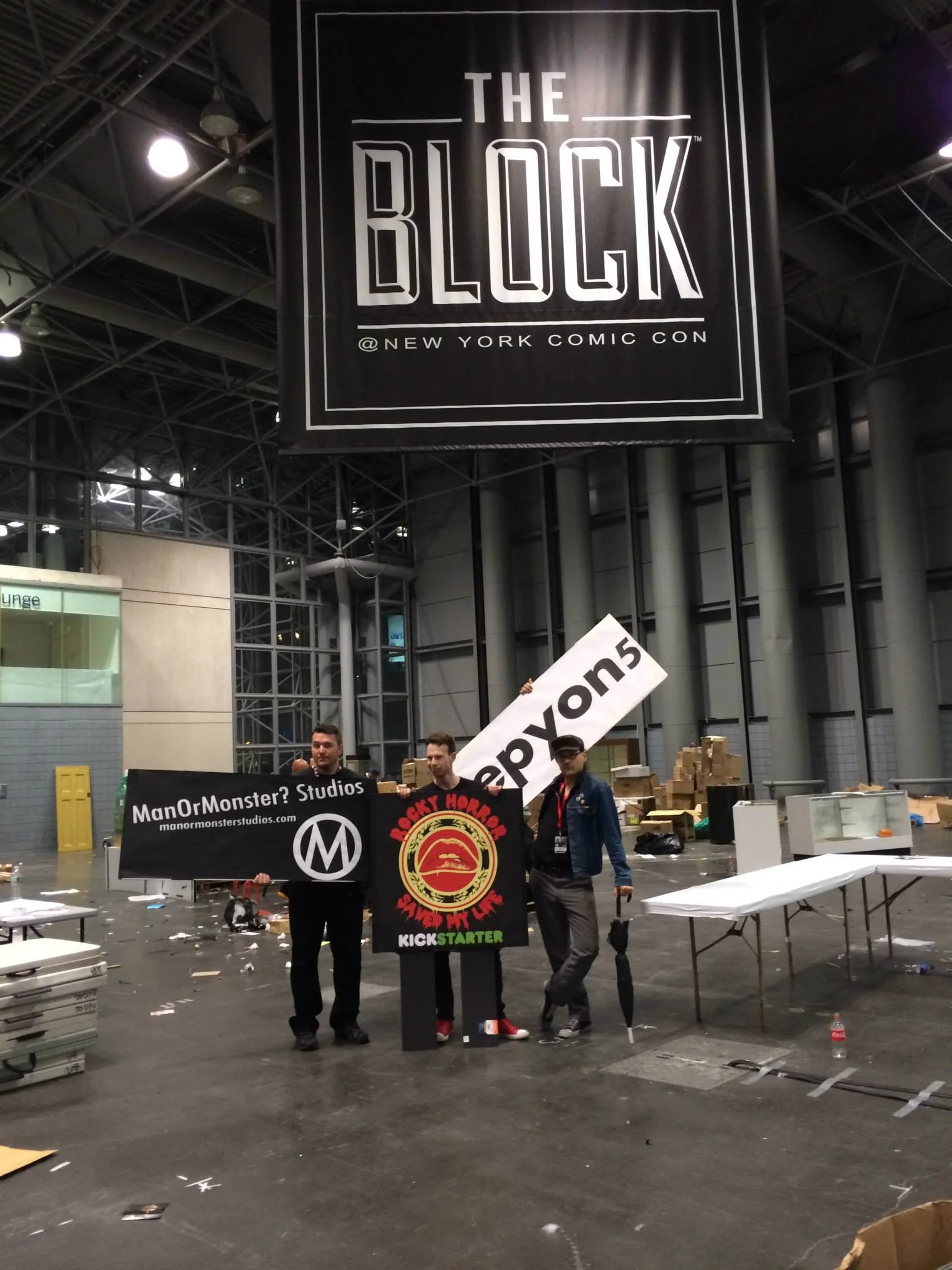 Posing with our good friends Brendan, owner of ManorMonster? Studios (thanks to him for helping us get a booth), and epyon5 after NYCC '13 in The Block
