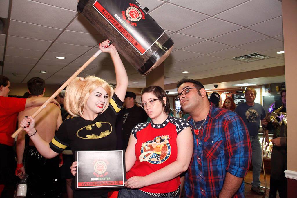 Dana (Production Design) and Sarah (Animation) and David posing at The Home of Happiness' Super Hero Theme night who show their support for RHSML Photo credit to Michael Hambel Photography