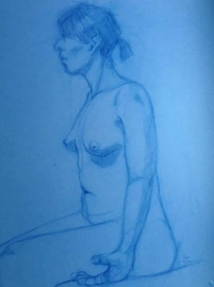 Female on Blue Blue Conte on Paper 26 x 20