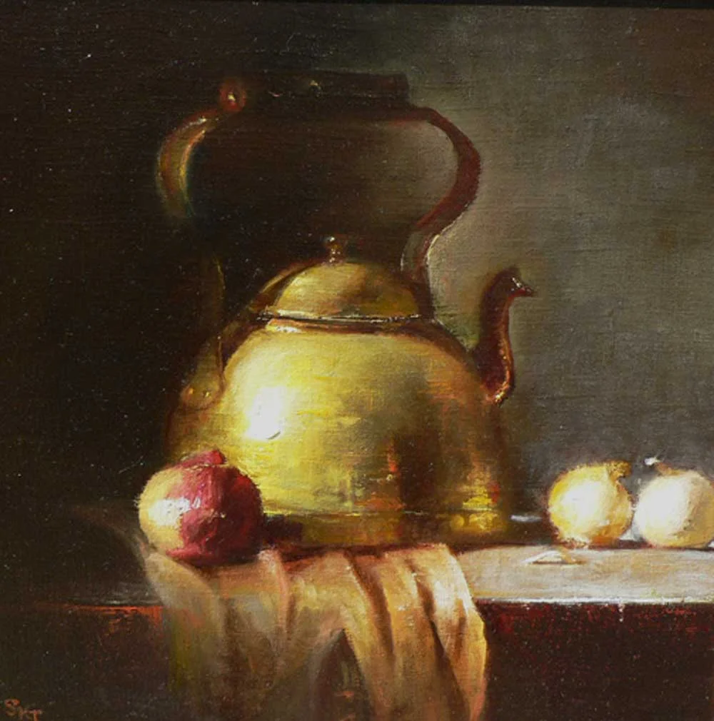 Tea Kettle with Onions after Leffel Oil on Linen 16 x 14