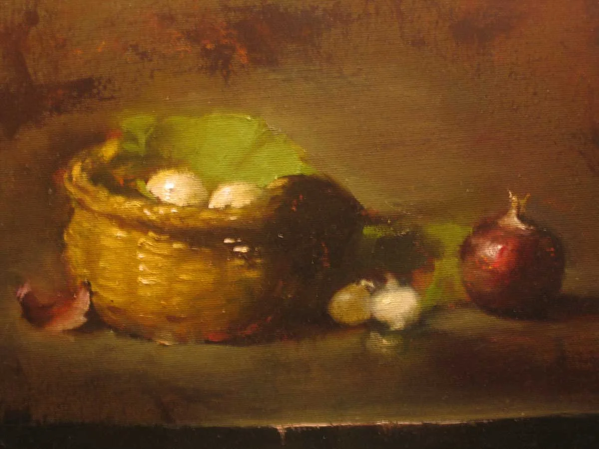 Eggs in a Basket after Leffel (left handed) Oil on Linen 12 x 10