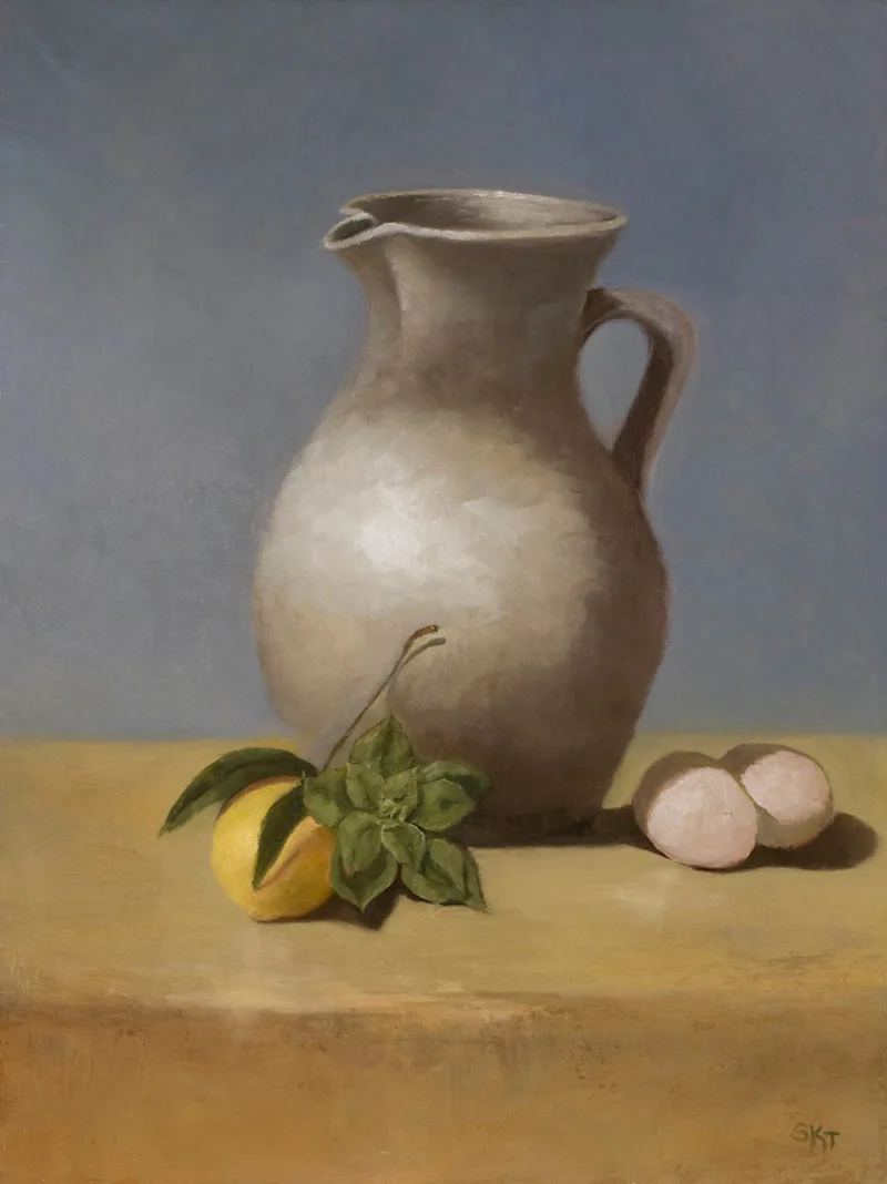 Pitcher with Eggs and Lemon Oil on Panel 16 x 12