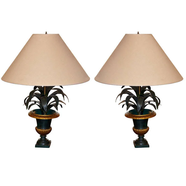 French Pair of Tole Palm Frond in Urn Table Lamps $4,900