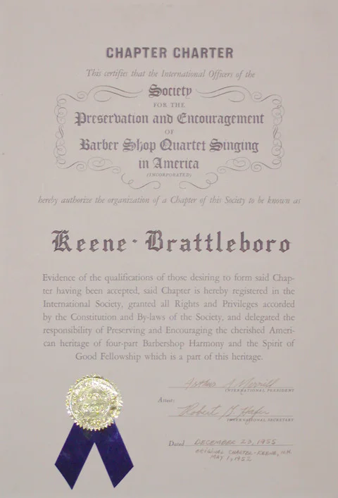 Chapter charter - 1952 keene-brattleboro chapter SPEBSQSA (SELECT to enlarge)