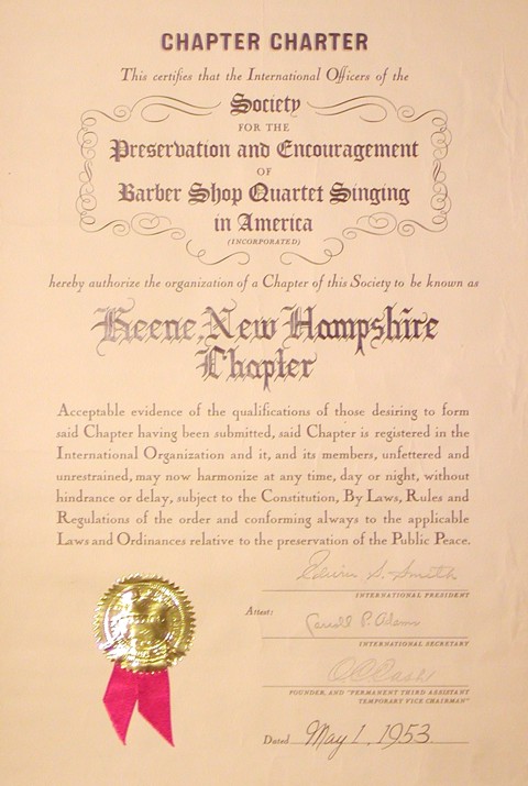 CHAPTER CHARTER TO KEENE (ONLY) - RE-ISSUED MAY 1, 1953 (MAY 1, 1952)