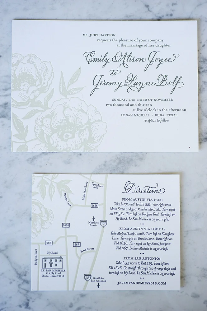Emily Joyce and Jeremy Bolf wedding invitation suite. Photo credit: Ashley Garmon Photographers