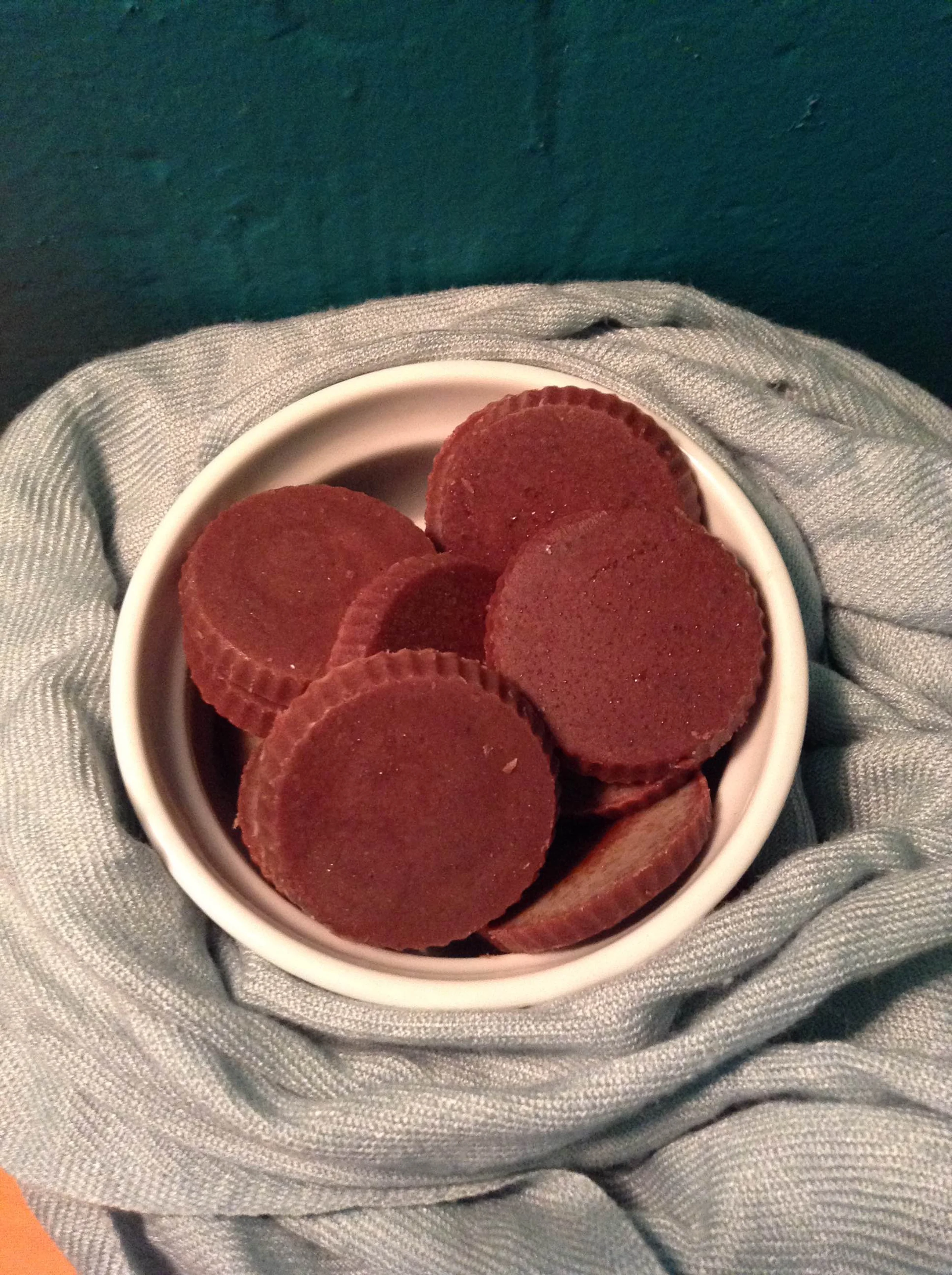 Placenta chocolates : placenta is dehydrated, ground very fine, mixed into melted chocolate and then put into individual molds to set. 