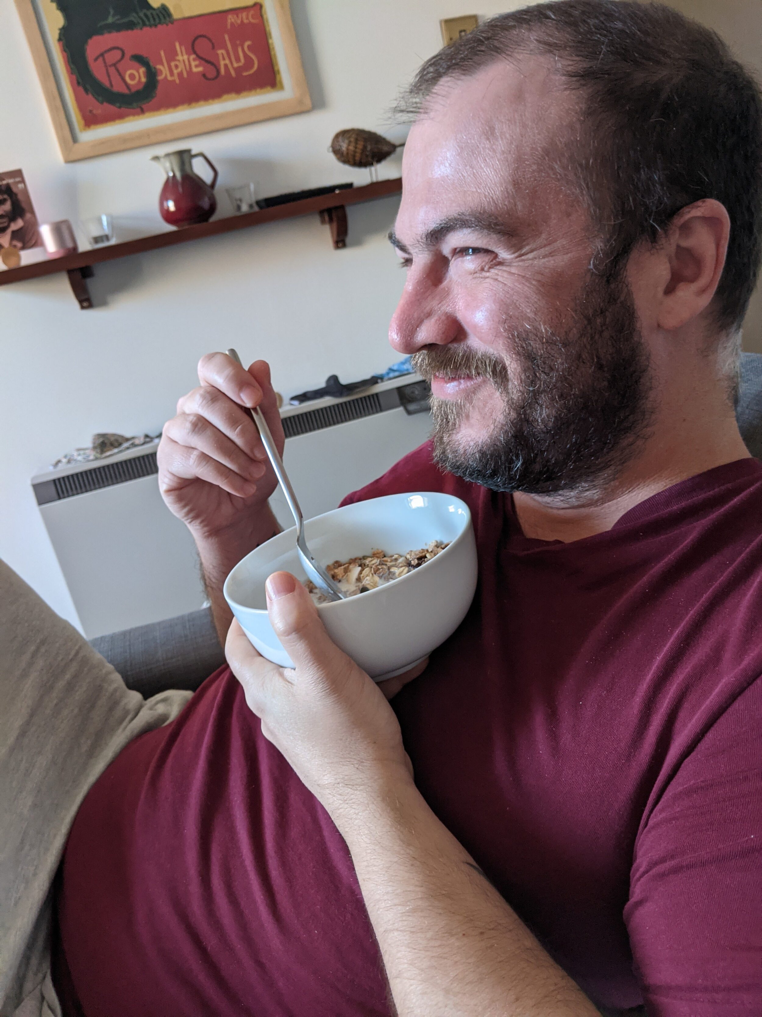 Morning Muesli and probably laughing at Annie Murphy. 