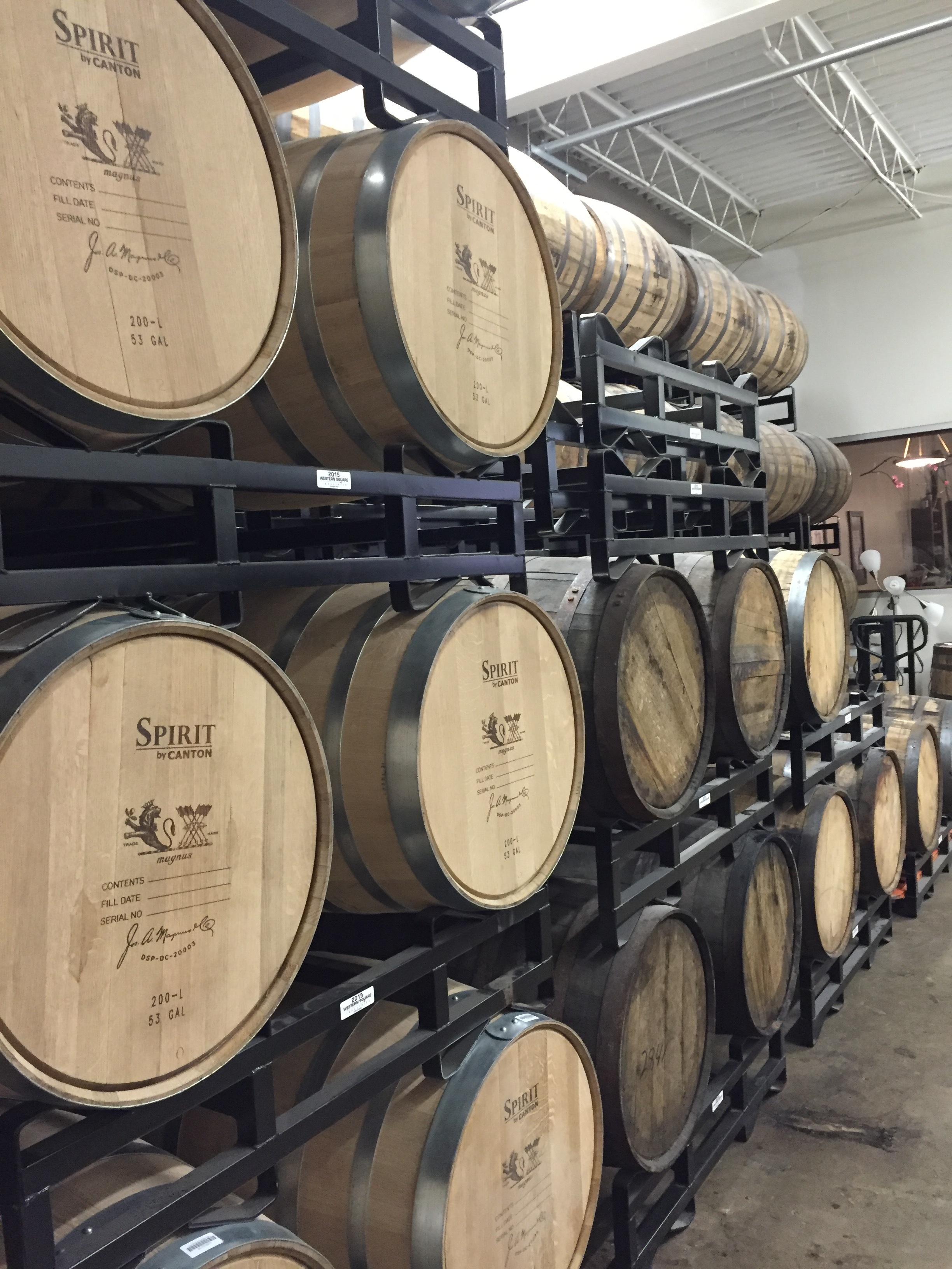 The small barrel racks of Jos. A. Magnus bourbon.