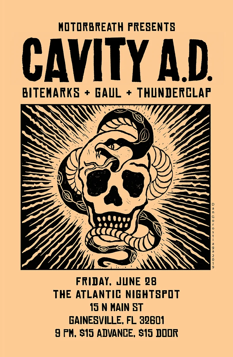 Friday, June 28 Motorbreath Presents: Cavity A.D. | Miami BiteMarks GAUL Thunderclap 9pm / $15 Buy Tickets Formed in 1992 by vocalist Rene Barge and bassist Daniel Gorostiaga, Cavity is revered in underground circles as a pioneering force of 90's sludge metal; its past lineups alone read like a Florida punk rock roll call: members went on to play in Floor, Black Cobra, and Torche, among others. Culled from the punk and hardcore scenes, Cavity’s corps was made up mostly of musicians with an artistic bent. After more than a decade of destroying clubs by sheer volume alone and releasing albums on respected labels like Man's Ruin and Hydra Head Records, Cavity would go on indefinite hiatus in 2003, only to resurface in 2015 as Cavity A.D. after reuniting at a benefit show to assist a friend in the local Miami music scene. In 2017, the group released its first new album in 16 years, the appropriately-titled 'After Death,' followed by its follow-up album, 'Wraith,' in 2019. Cavity A.D. features founding members Rene Barge (vocals) and Daniel Gorostiaga (bass), as well as longtime member Ed Matus (guitar), Andrew McLees (guitar) and Bryan Adams (drums). "Cavity was a wrecking ball in the '90s. Though not an originator of sludge metal, the band pioneered an approach to the Black Sabbath-inspired, down-tuned, droning excesses of the genre with magnificent aplomb and gusto. The group left in its wake a wretched pile of carcasses beaten and abused by a creative use of feedback, gut-wrenching bass lines, tribal/ritualistic drumming, fuzzed and fucked guitars, and primal screams that would haunt children’s nightmares. Cavity was a cult unto itself." - Miami New Times