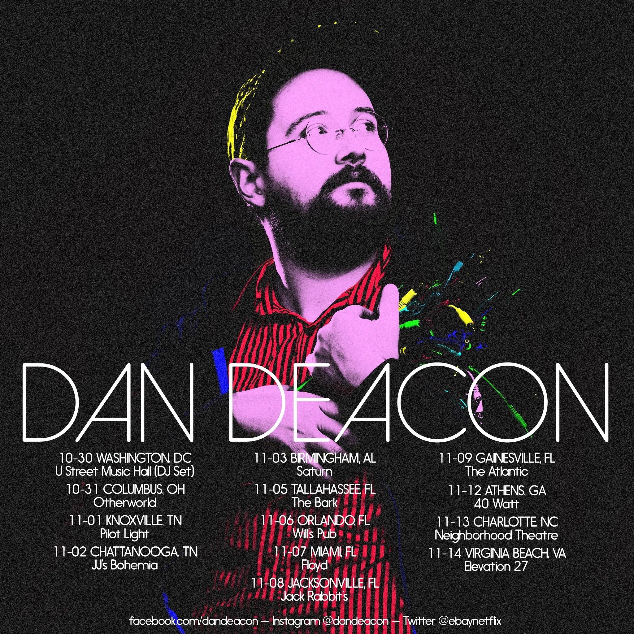 Do you wanna DANCE with somebody!? Do you wanna feel the HEAT with somebody? Dan Deacon is bringing the tunes and the moves to show you THE WAY. The Baltimorean electronic musician and composer is infamous for his vivacious, interactive live performances and maximalist compositions. His live shows are nothing short of THE PARTY OF THE YEAR. https://www.youtube.com/watch?v=NQmeW-EHKtY https://www.dandeacon.com/ Cabo Boing (Tampa) The ultimate weirdo-pop experience cultivating tracks full of unshakable ear worms that have warped and modulated their way into this dimension. https://haord.bandcamp.com/album/blob-on-a-grid Mother Juno (Orlando) - Is it scaryeoke? Is it industrial? Wait now is that disco I hear?? Mother Juno is the perfect amalgam of dance for the now who's intensity is palpable in every room it strikes. https://motherjuno.bandcamp.com/?fbclid=IwAR0RKe4UzozPSXhhiWoBgg57JVAZKYSoKUdfRregqxm8vSyyHduLf5LdC5E Bl_ank Experimental percussionist Will Hicks' solo project. His work melds feverish acoustic drumming with abstract analog synthscapes and electronic drumming. His performances meander through intense noise and make their way to glittering vast ambient fields. He's gained critical acclaim from Rolling Stone as the best solo drummer at Big Ears Festival . He is recognized for his collaborations with Flaming Lips and his performances with members of Deerhoof and R. Stevie Moore. https://www.youtube.com/watch?v=Px2TBfgfDnM Dead Feeling Cold-wave, a guitar, a little case of the sads + a drum machine from your favorite locals (duh) https://www.youtube.com/watch?v=-uKfY2ESBg0 12$ advance 15$ door Buy Tickets