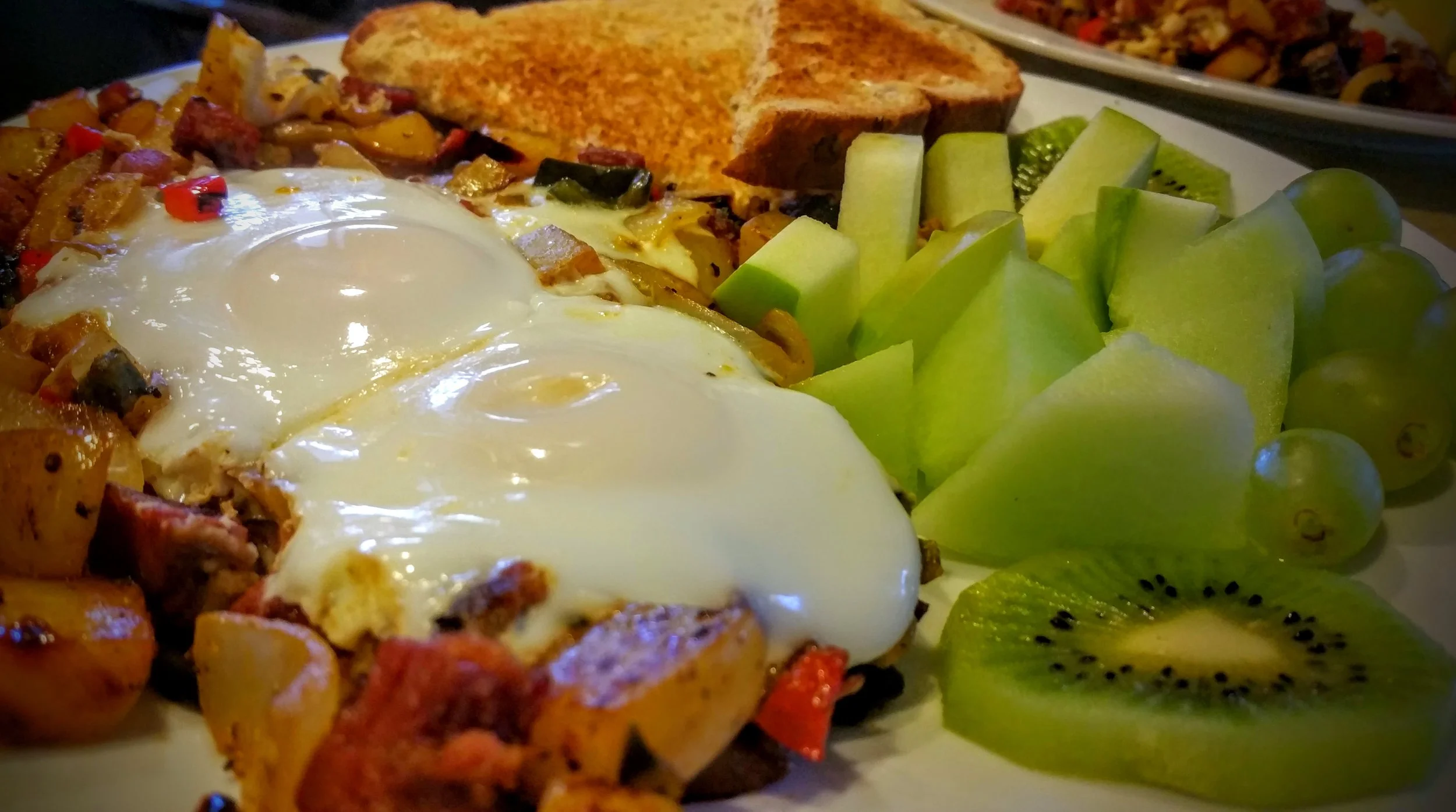 Over Saint Patrick's Day weekend our breakfast includes a corned beef hash, sliced green fruit, and Laura's sourdough bread, made in house fresh daily. 