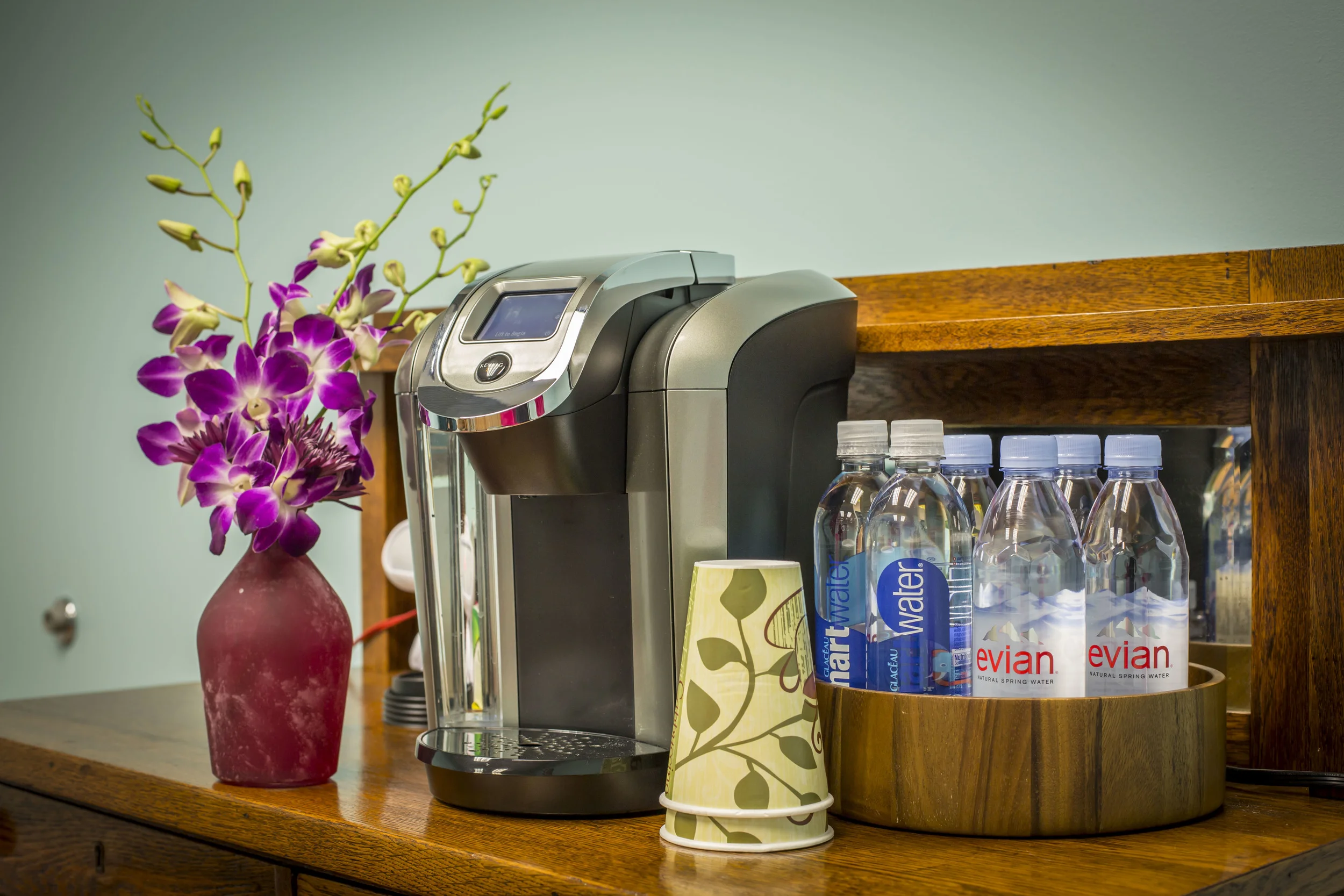 We offer free high-speed WiFi, coffee, tea, and bottled water.
