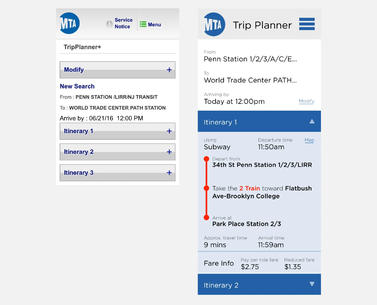 Left: old itinerary screen / Right: new itinerary screen.