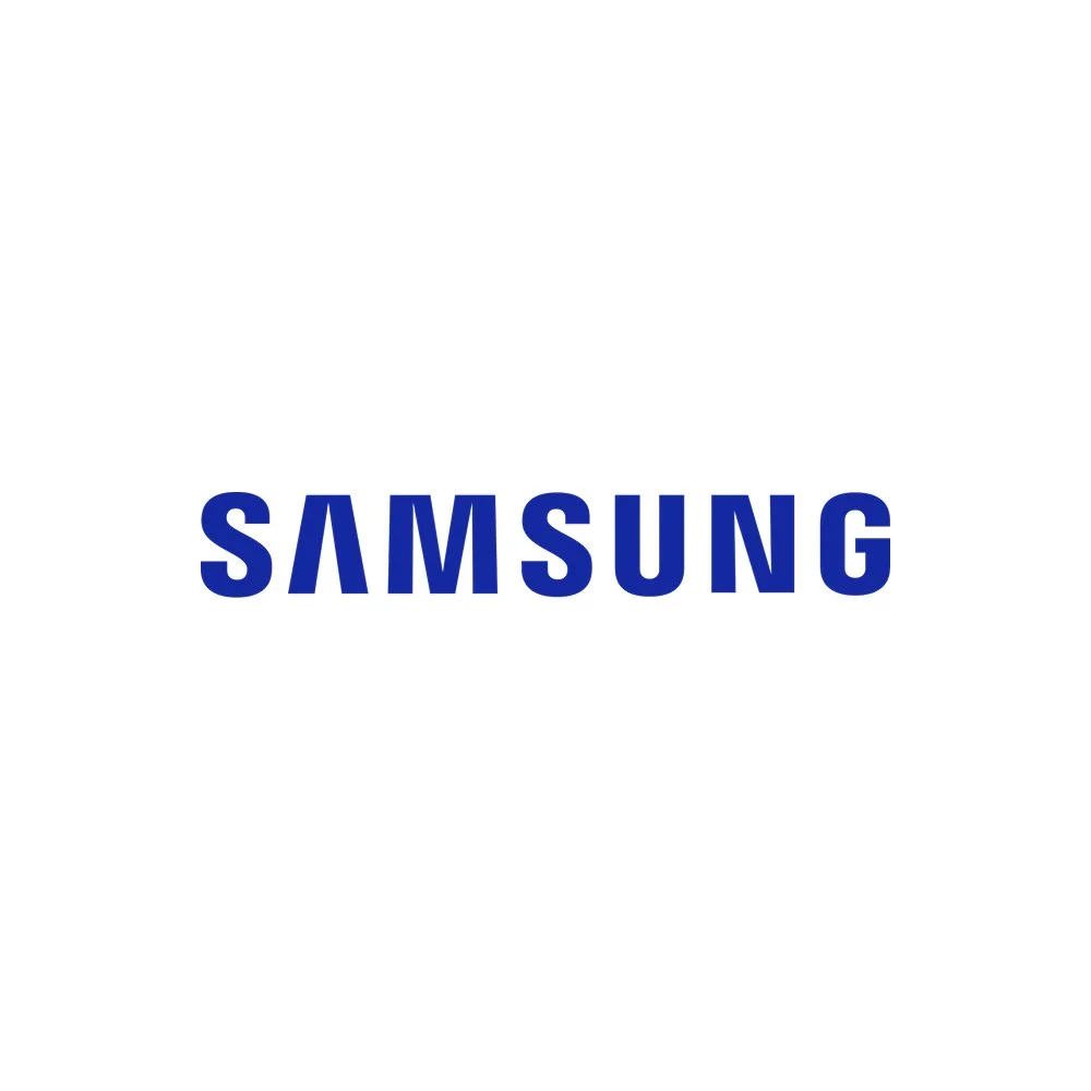 Samsung logo displayed in blue to the center of a white background.
