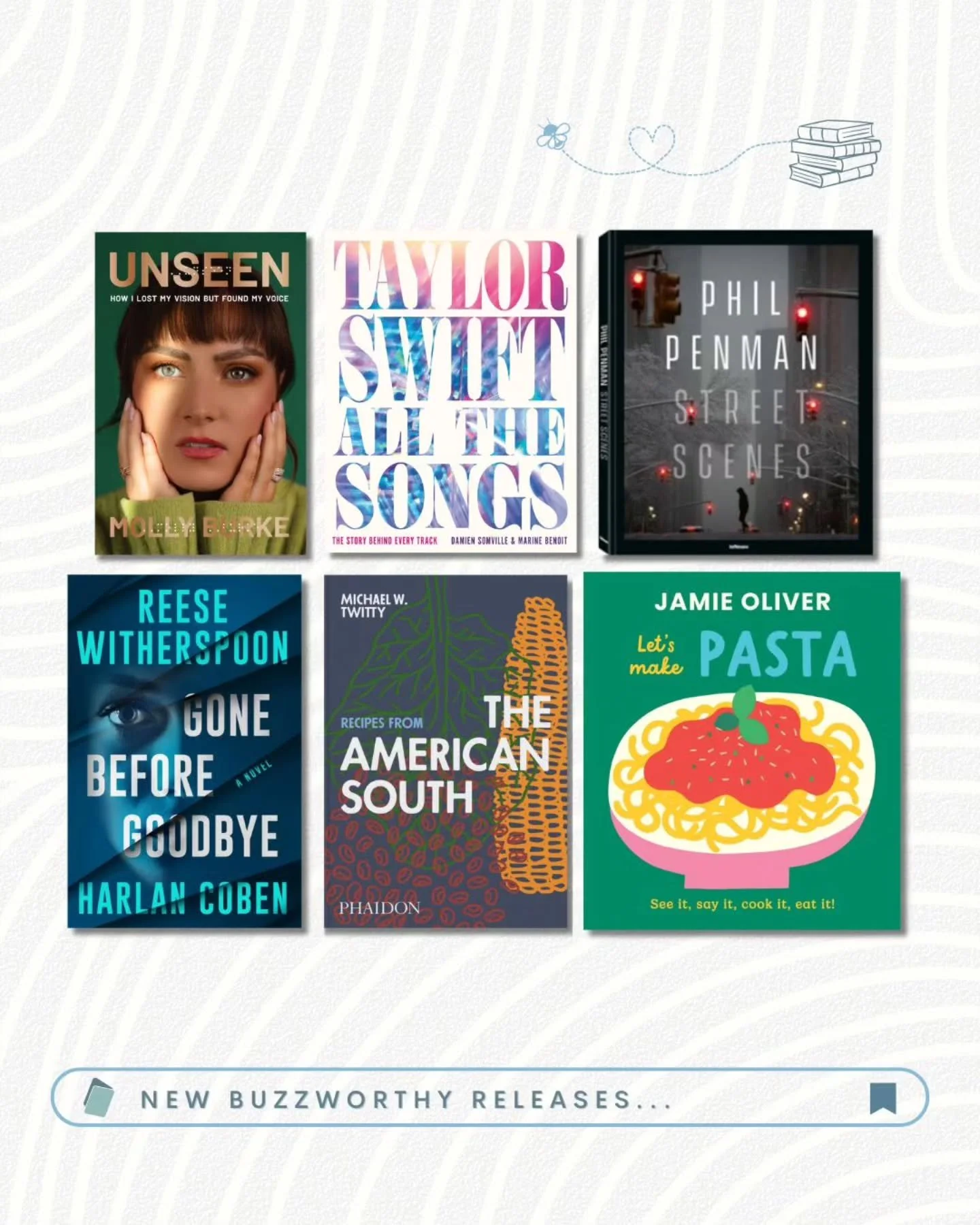 New Buzzworthy Books for October! 🐝📚

📘Unseen (@abramsbooks / 9781419777882) 
📘Taylor Swift All the Songs (@bdlev / 9780762489299) 
📘Phil Penman: Street Scenes (@teneuespublishing / 9783961717248) 
📘Gone Before Goodbye (@grandcentralpub / 97815