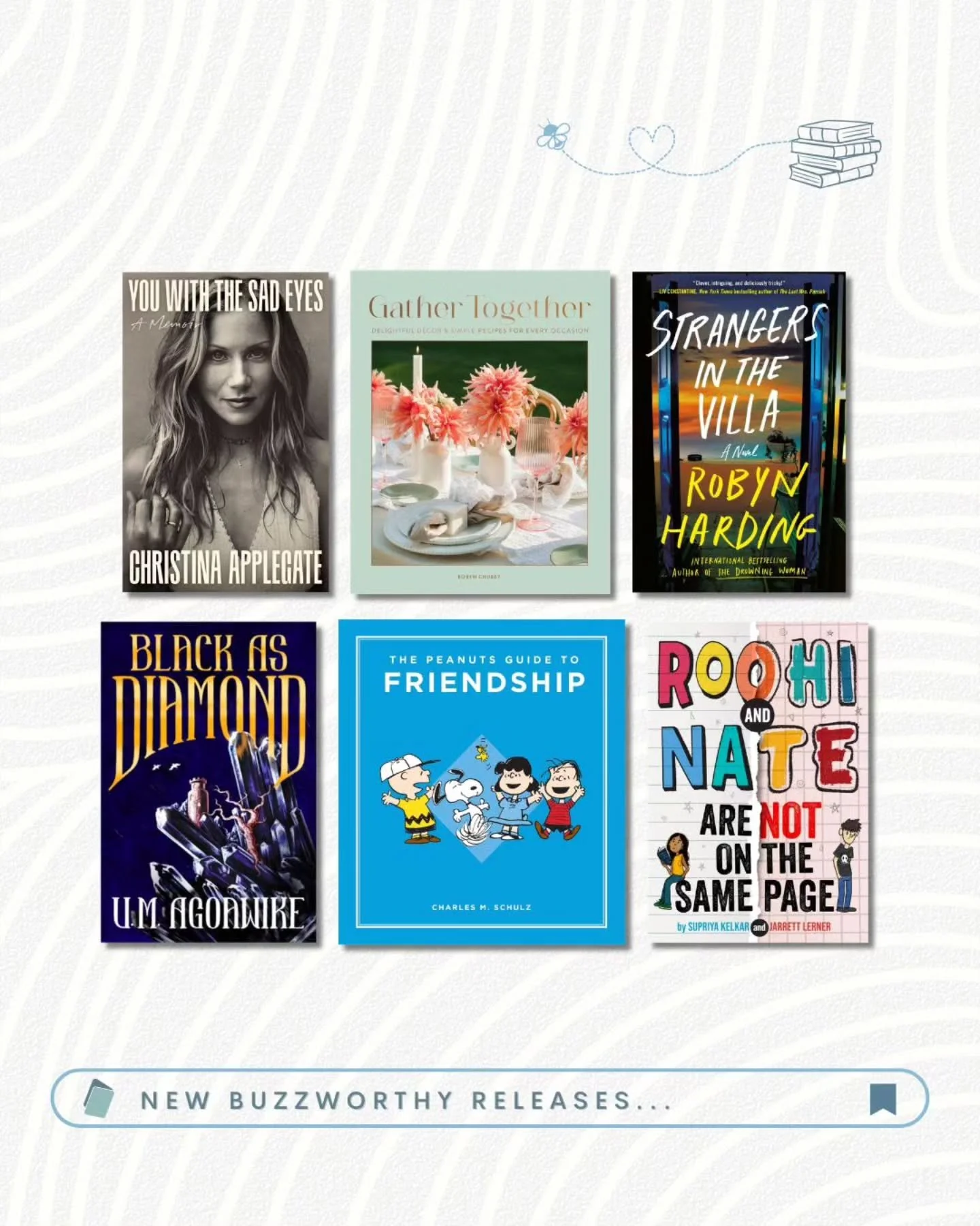 New Buzzworthy Books for March! 🐝📚

📘 You With the Sad Eyes (@littlebrown / 9780316594929)
📘 Gather Together (@quartobooksus / 9781577155324)
📘 Strangers in the Villa (@grandcentralpub / 9781538774007)
📘 Black as Diamond (@bindery_books / 97819