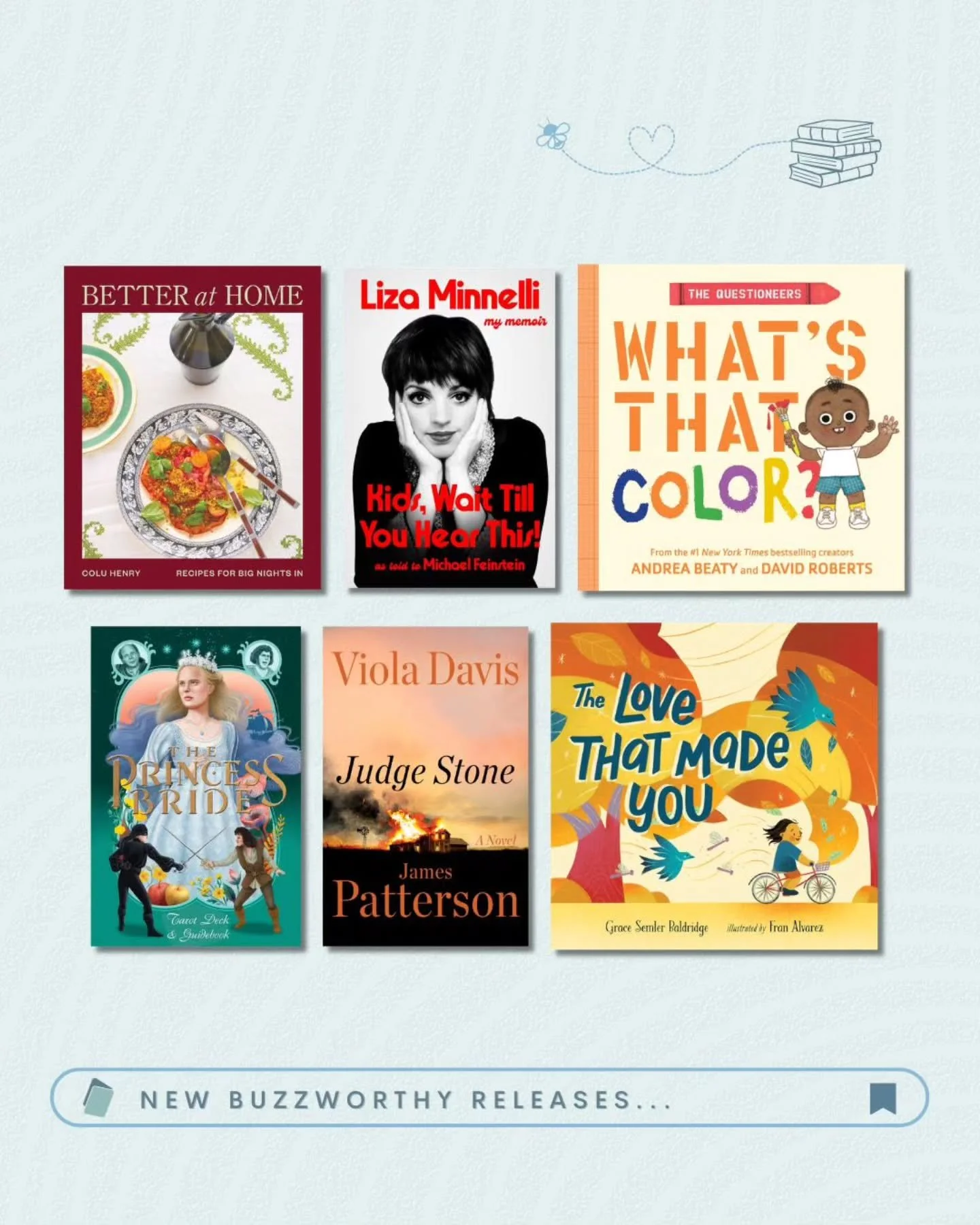 New Buzzworthy Books for March! 🐝📚

📘 Better at Home (@abramsbooks / 9781419749704)
📘 Kids, Wait Till You Hear This! (@grandcentralpub / 9781538773666)
📘 The Questioneers: What's That Color? (@abramskids / 9781419786662)
📘 The Princess Bride Ta
