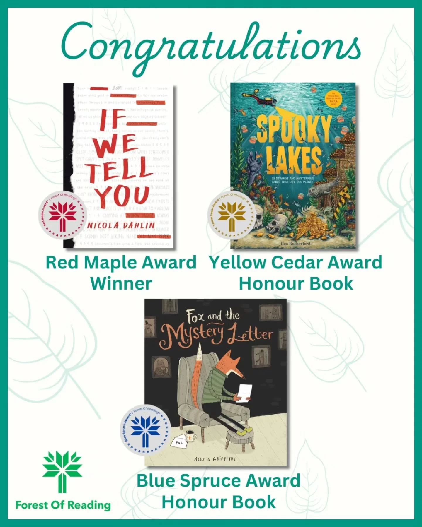 🎉 Congratulations to all the winners of the 2026 @forestofreadingprogram, including:

Red Maple Award Winner
📘 If We Tell You by @dahlinwords (@kidscanpress / 9781525311475)

Yellow Cedar Honour Book
📘 Spooky Lakes by @geodesaurus (@abramskids / 9