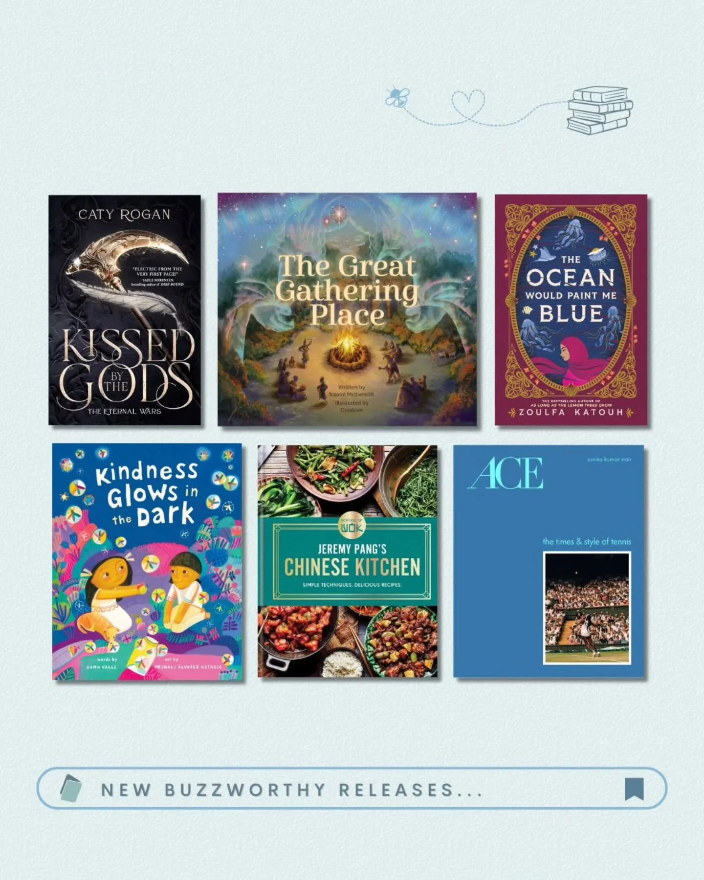 New Buzzworthy Books for June! 🐝📚

📘 Kissed by the Gods (@readrequited / 9780316609494)
📘 The Great Gathering Place (@kidscanpress / 9781525310102)
📘 The Ocean Would Paint Me Blue (@littlebrownyoungreaders / 9780316351942)
📘 Kindness Glows in t
