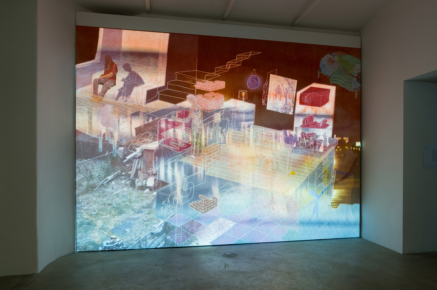    Home,    2014,    video projection on ink jet printed wall mural, running time 10 minutes 'An Ocean Between the Waves' group show curated by Roland Schöny, at Franz Josefs Kai 3, Vienna Austria review:  http://www.artmagazine.cc/content76503.html 