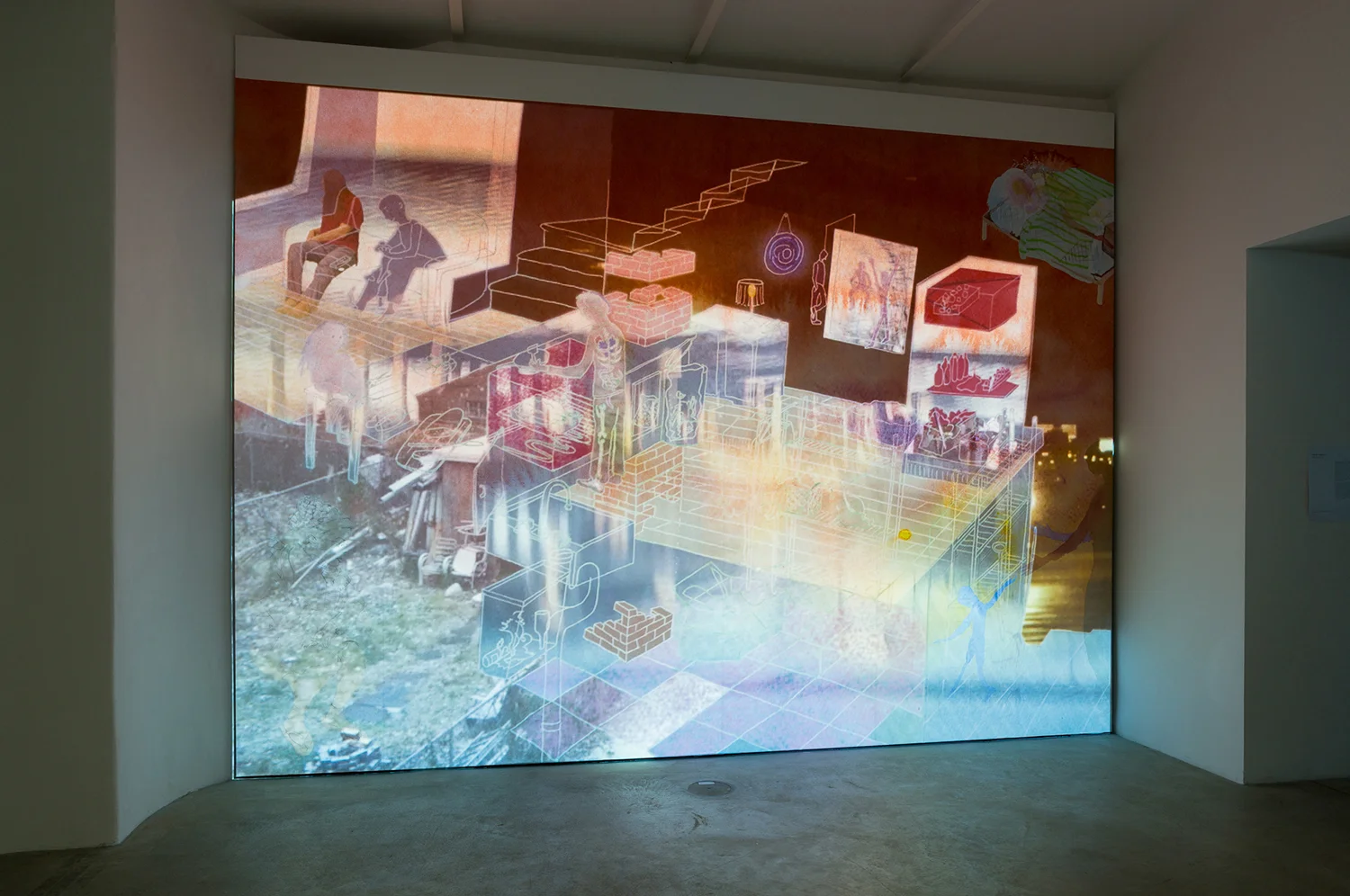 Home, 2014, video projection on ink jet printed wall mural, running time 10 minutes 'An Ocean Between the Waves' group show curated by Roland Schöny, at Franz Josefs Kai 3, Vienna Austria review: http://www.artmagazine.cc/content76503.html