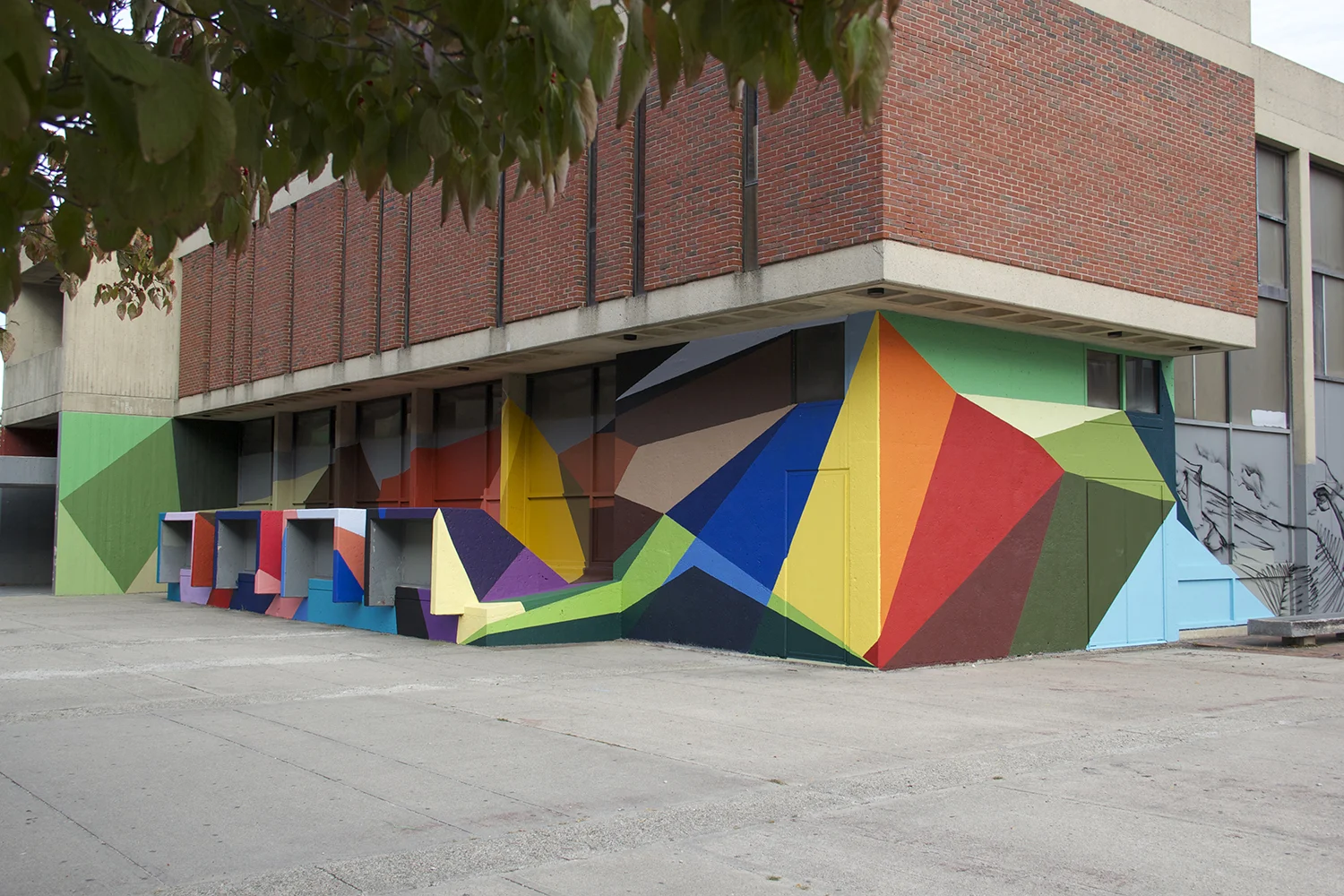 Razzle Dazzle , 2015, Classical High School, Providence RI, latex paint on exterior wall, curated by The Avenue Concept
