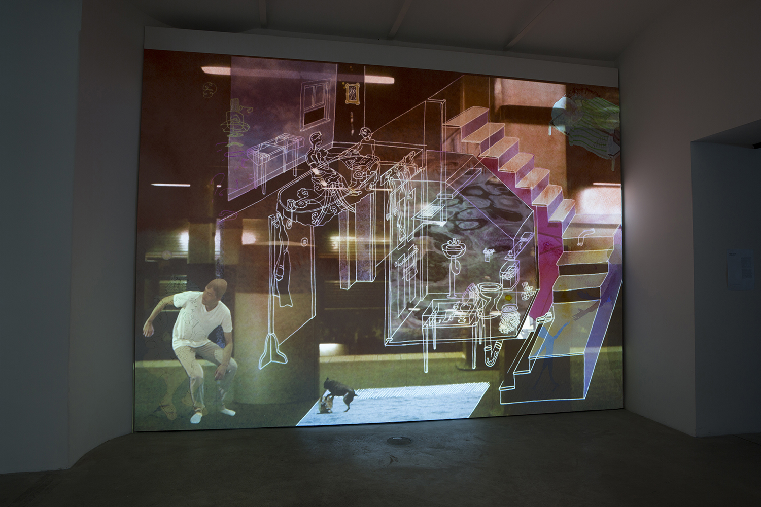    Home,    2014,    video projection on ink jet printed wall mural, running time 10 minutes 'An Ocean Between the Waves' group show curated by Roland Schöny, at Franz Josefs Kai 3, Vienna Austria review:  http://www.artmagazine.cc/content76503.html 