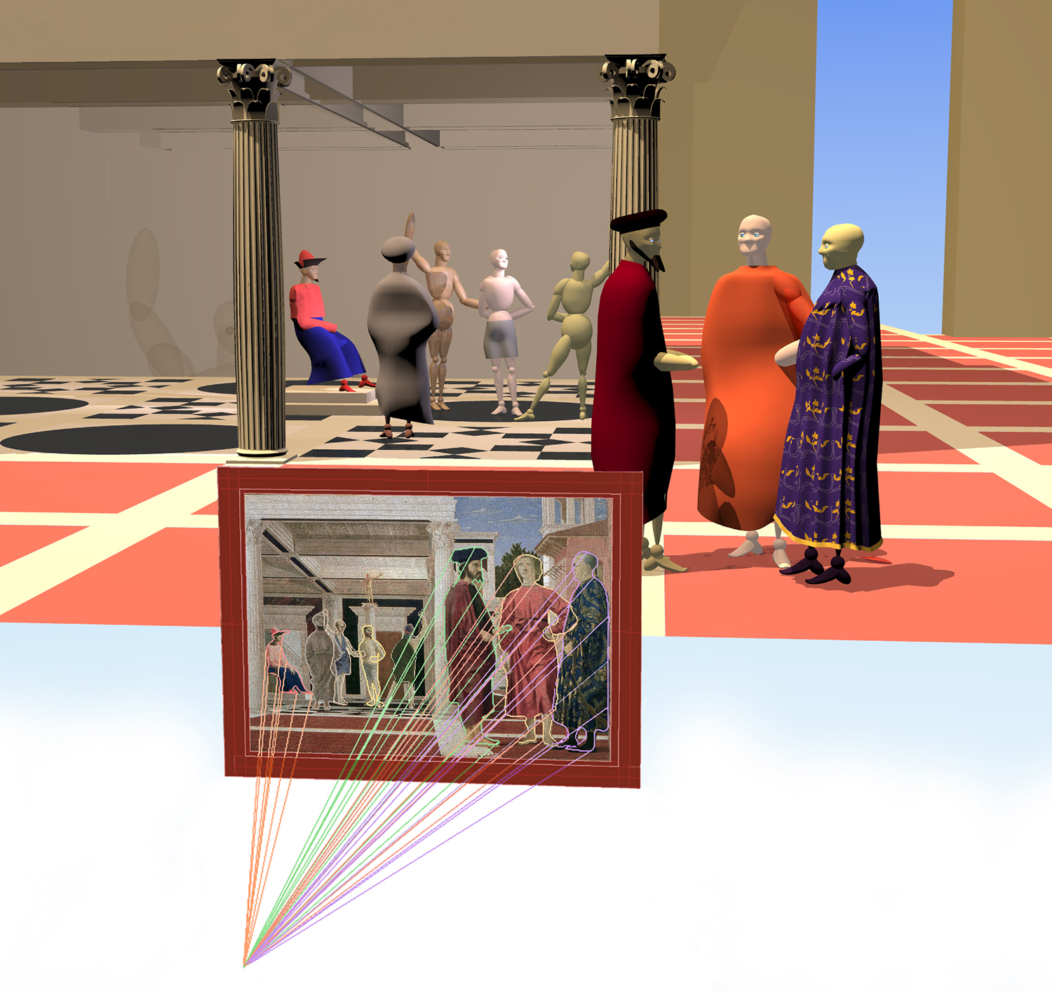    Flagellation,    2010,  three dimensional computer model of Piero della Francesca's The Flagellation of Christ. An older version of this project was exhibited in  Simulations , solo show curated by Tyna Harber Caldarone, Holden Street Gallery, Pro
