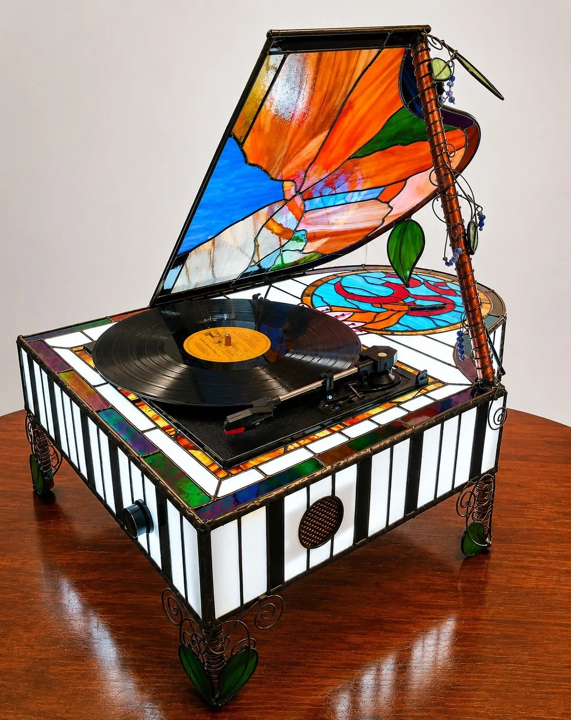 Stained Glass Grand Piano Record Player with Functional Turntable