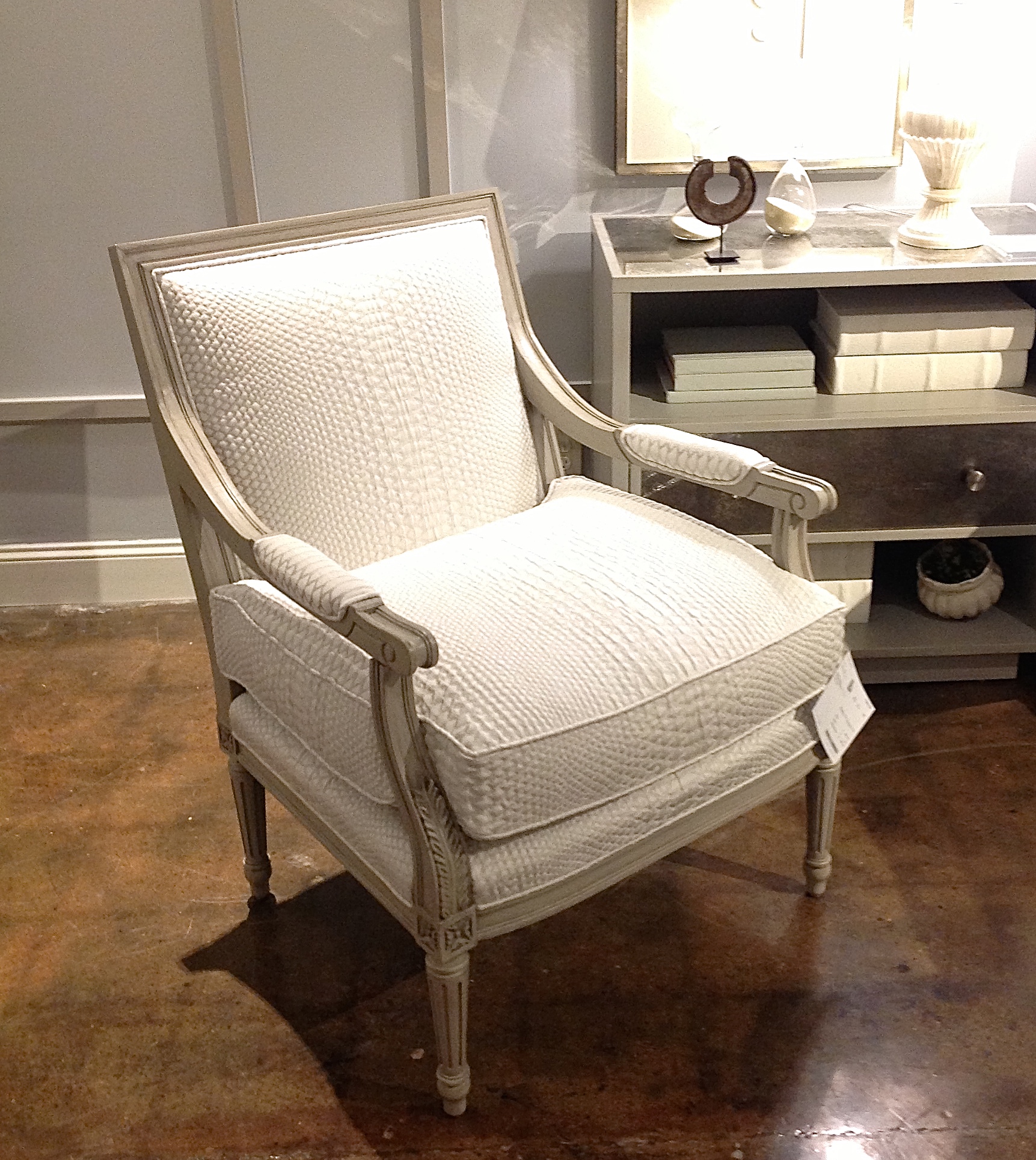Another beautiful accent chair! It would be perfect in a master bedroom or living area! The fabric on this chair is to die for! If you like this fabric, but don't like the chair, you can put it on another chair! 