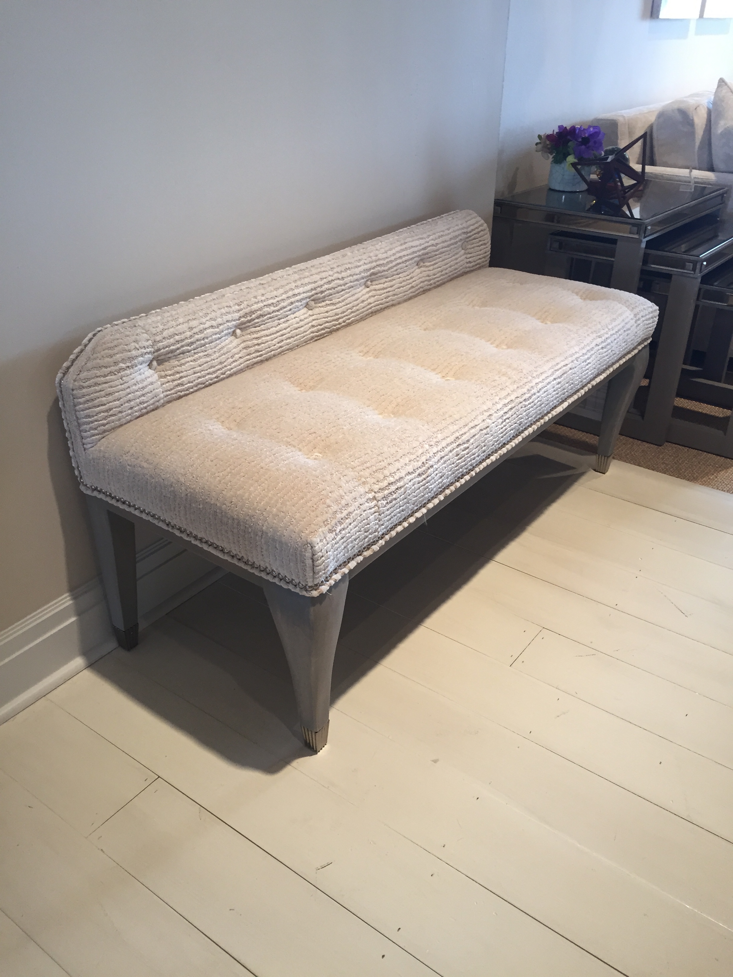 A very elegant bench perfect for the foot of a bed or even against a wall below a hanging mirror! In love with this fabric and finish! 